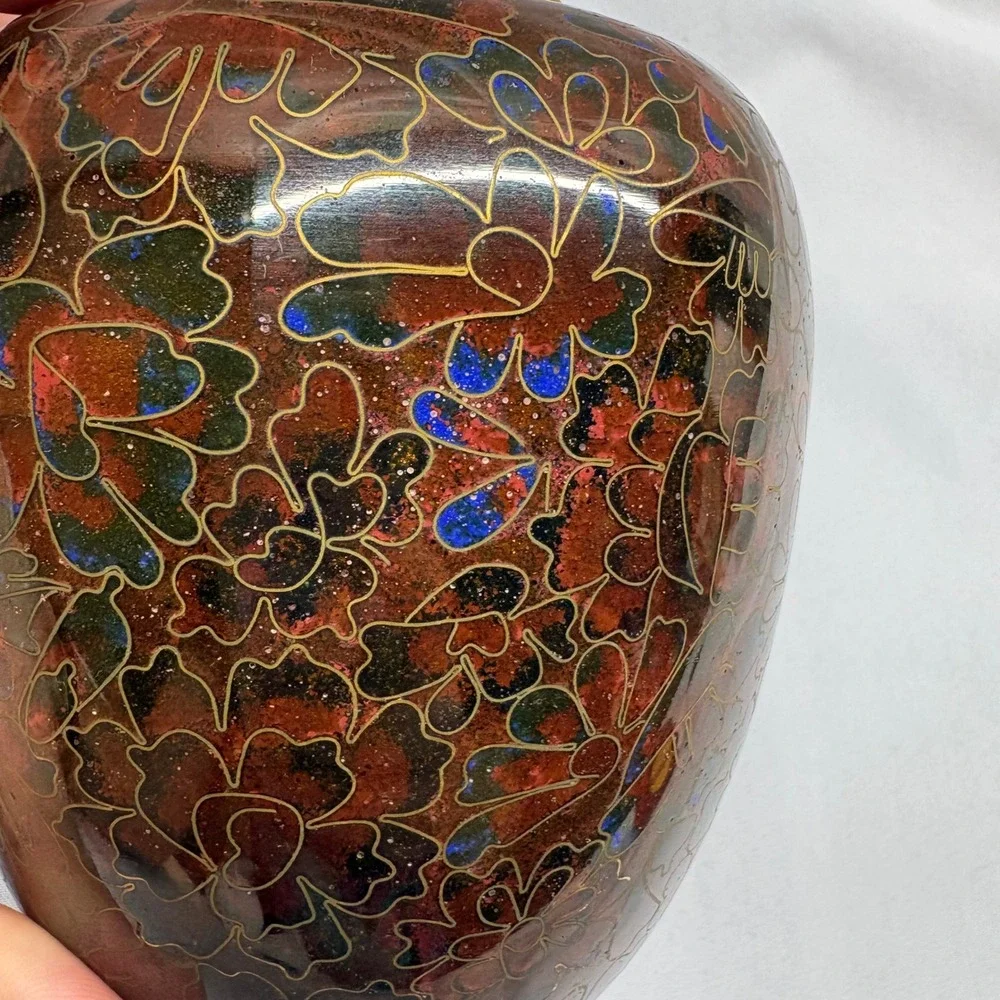 Vintage Cloisonne Enamel Vase Small Red Floral Brass 4.75in Good Chinoiserie